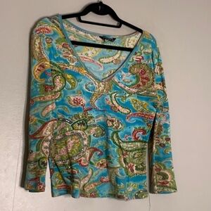 Vintage Y2K V-neck long sleeve paisley, print beaded pullover shirt large